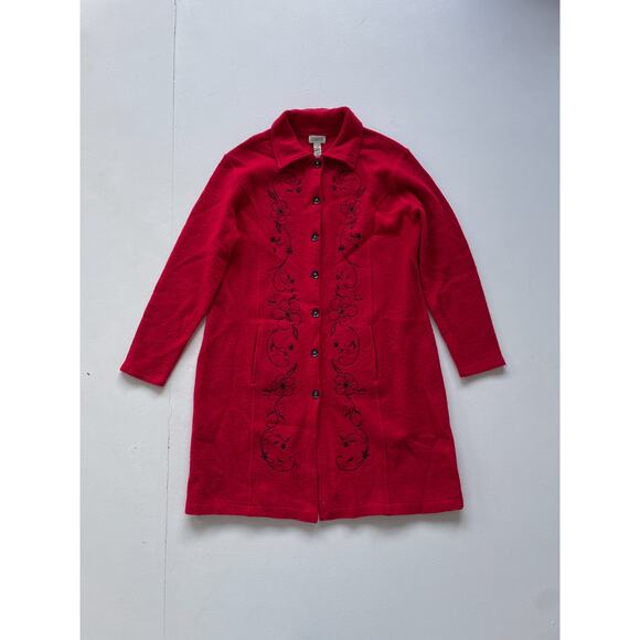 Y2K Red Wool Embroidered Knit Trench Coat  / Sz XL / Boho Long Sweater Felted - Picture 4 of 9
